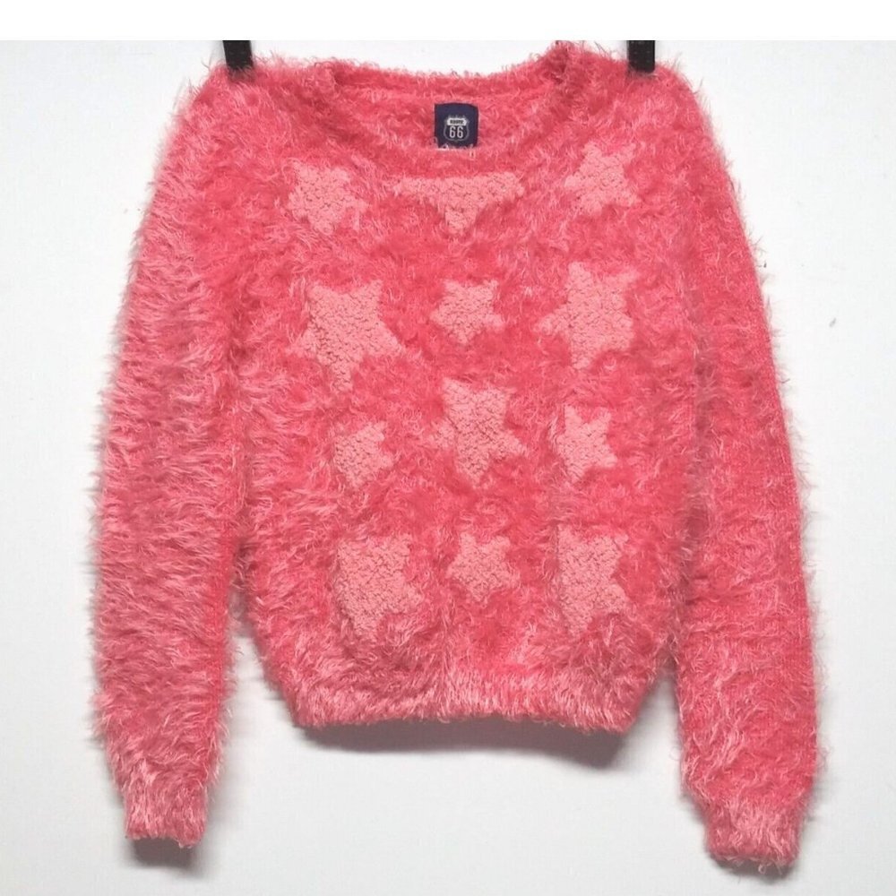 Route 66 Juniors Sweater eyelash Pink Sz M stars pattern Pullover long sleeve